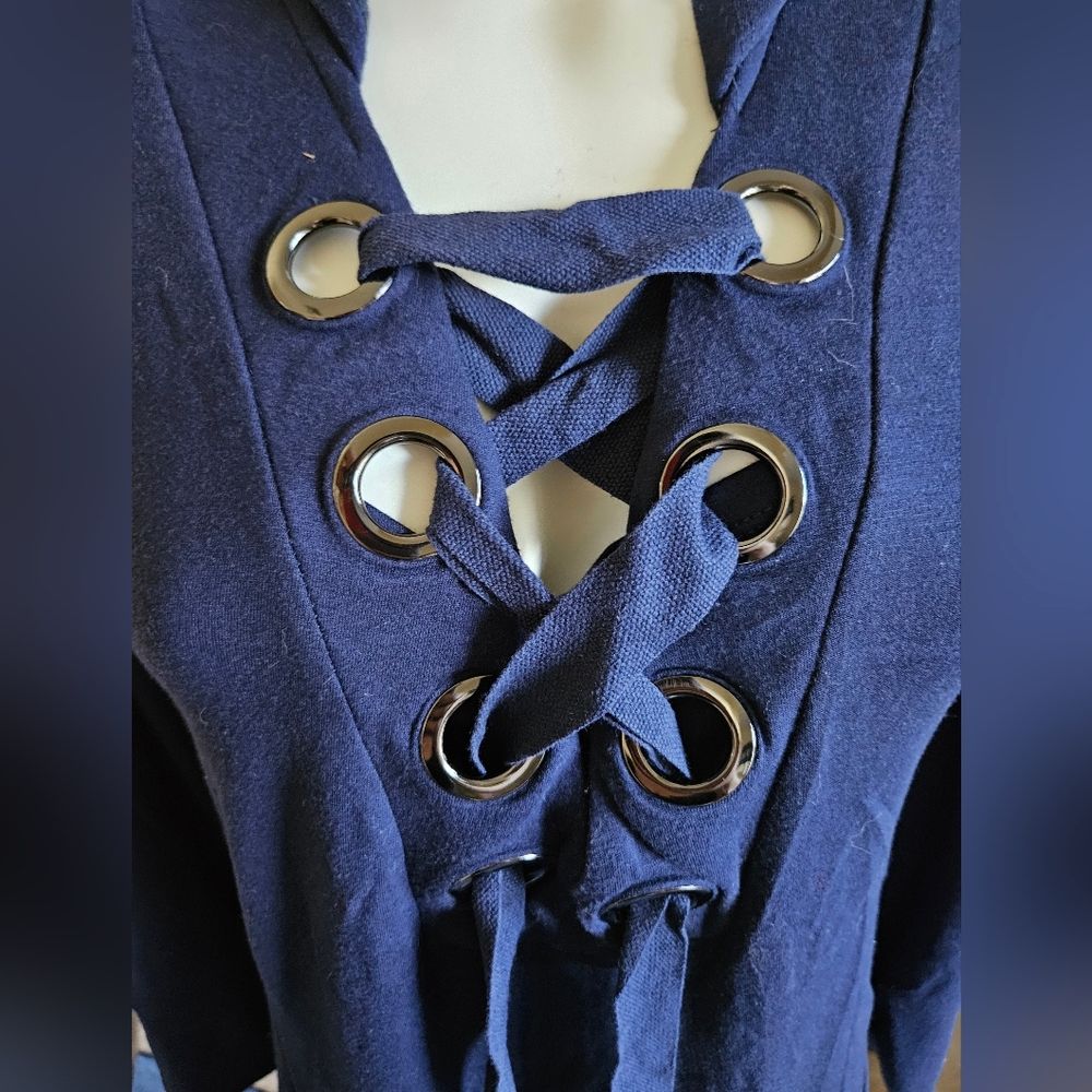 Hoodie Shirt Longsleeve Blue  Pull string with Silver accent eyelets - Picture 2 of 7